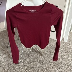 Harper & Ivy Burgundy Long Sleeve Top with Fringe